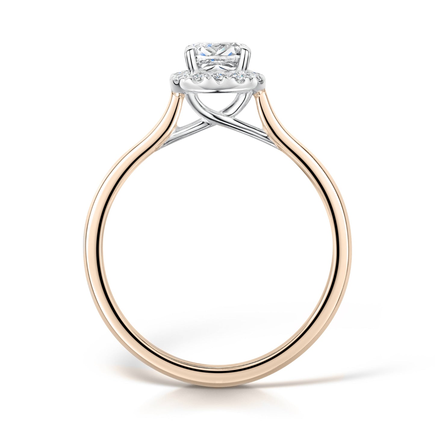 Cushion Cut Diamond Halo Engagement Ring in Rose Gold - Side View on white background