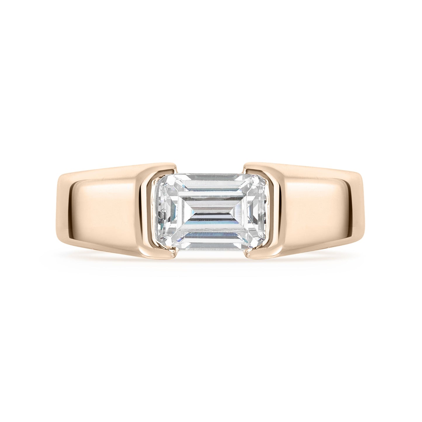 East West Chunky Emerald Cut Diamond Engagement Ring in Rose Gold - straight on a white background