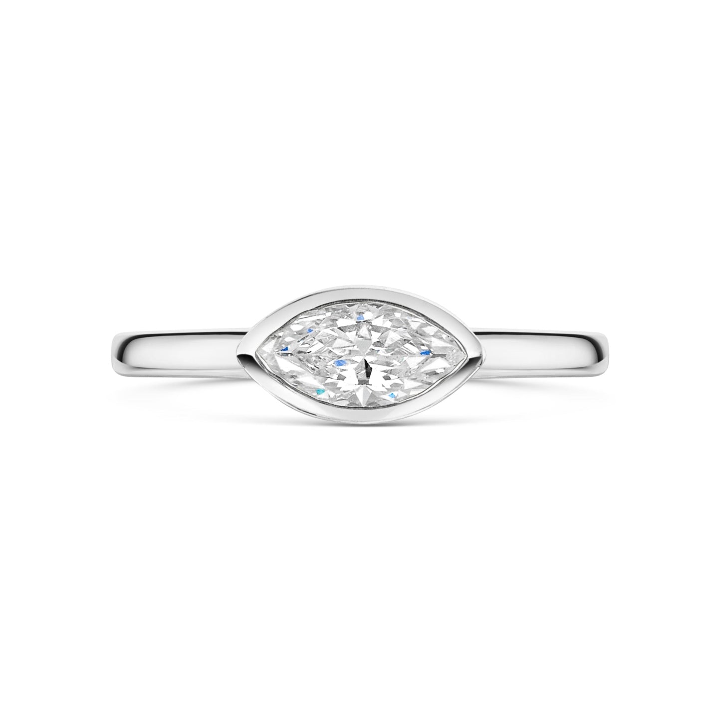 East West Marquise Bezel Set engagement ring in Platinum on a white background