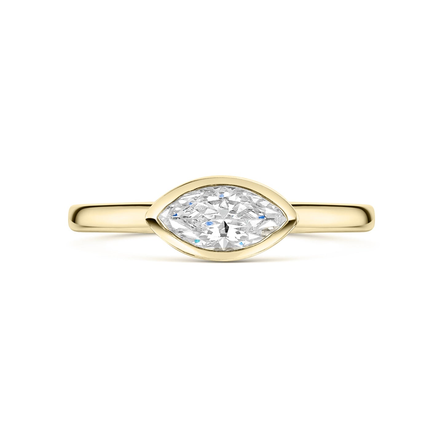 East West Marquise Bezel Set engagement ring in yellow gold on a white background