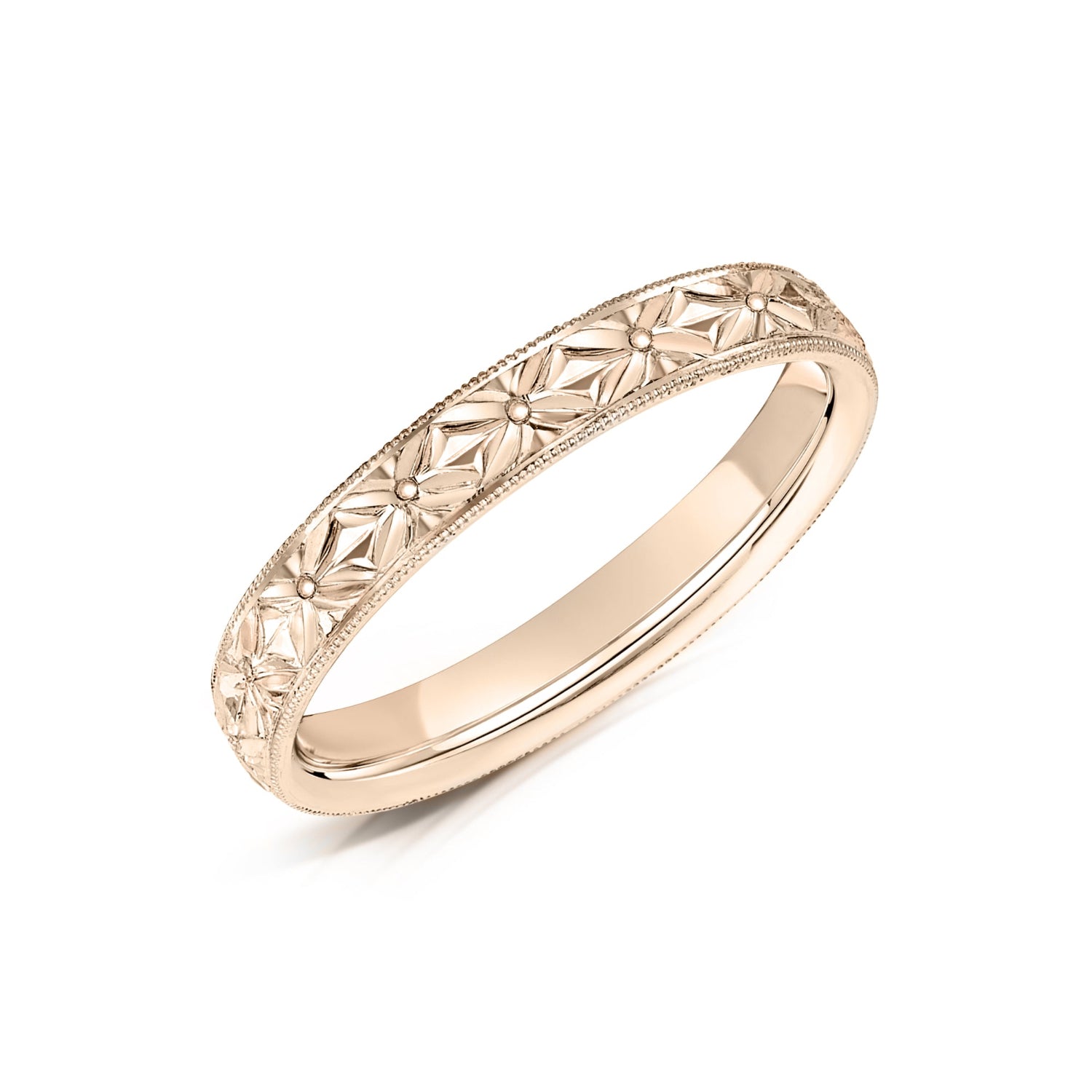 Hand Engraved Floral Wedding Band in Rose Gold – Poppy Elder Fine - Technical View