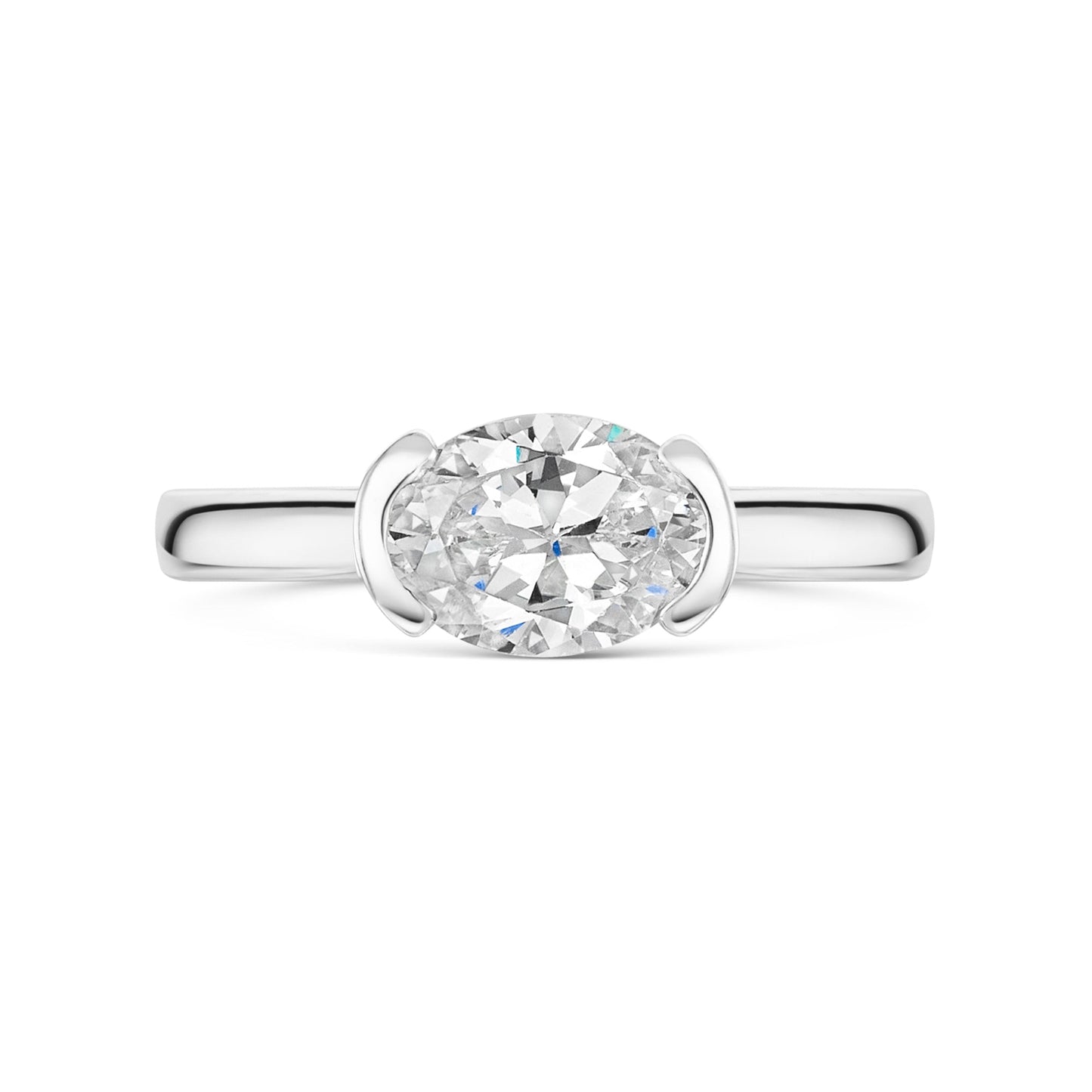 Oval East West Semi Bezel Set Solitaire In platinum on a white background