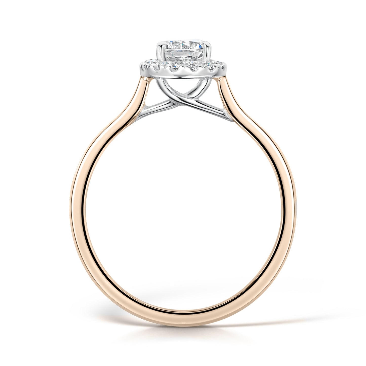 Round diamond halo engagement ring in rose gold - side view on white background