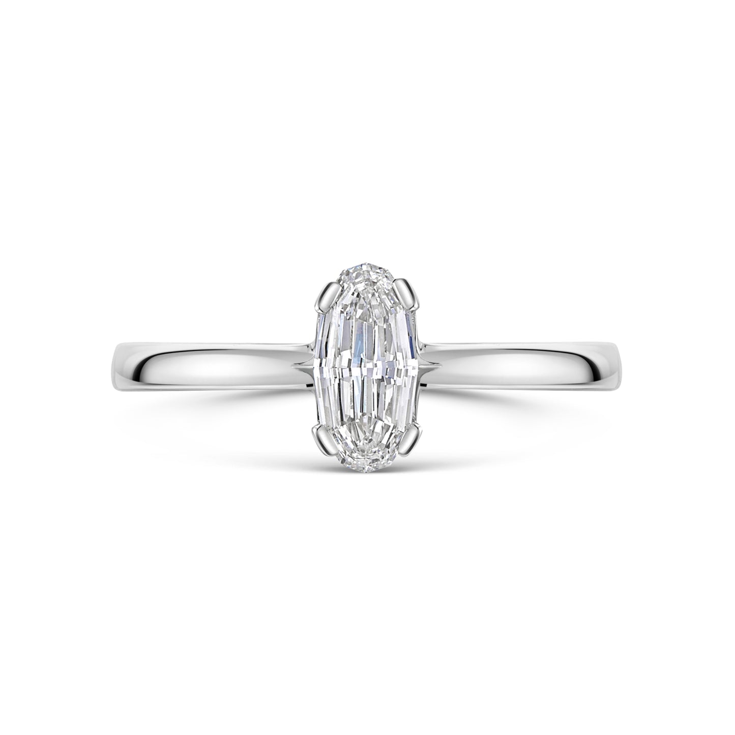 Diamond ring with an Oval mirror cut shaped center stone on a white background