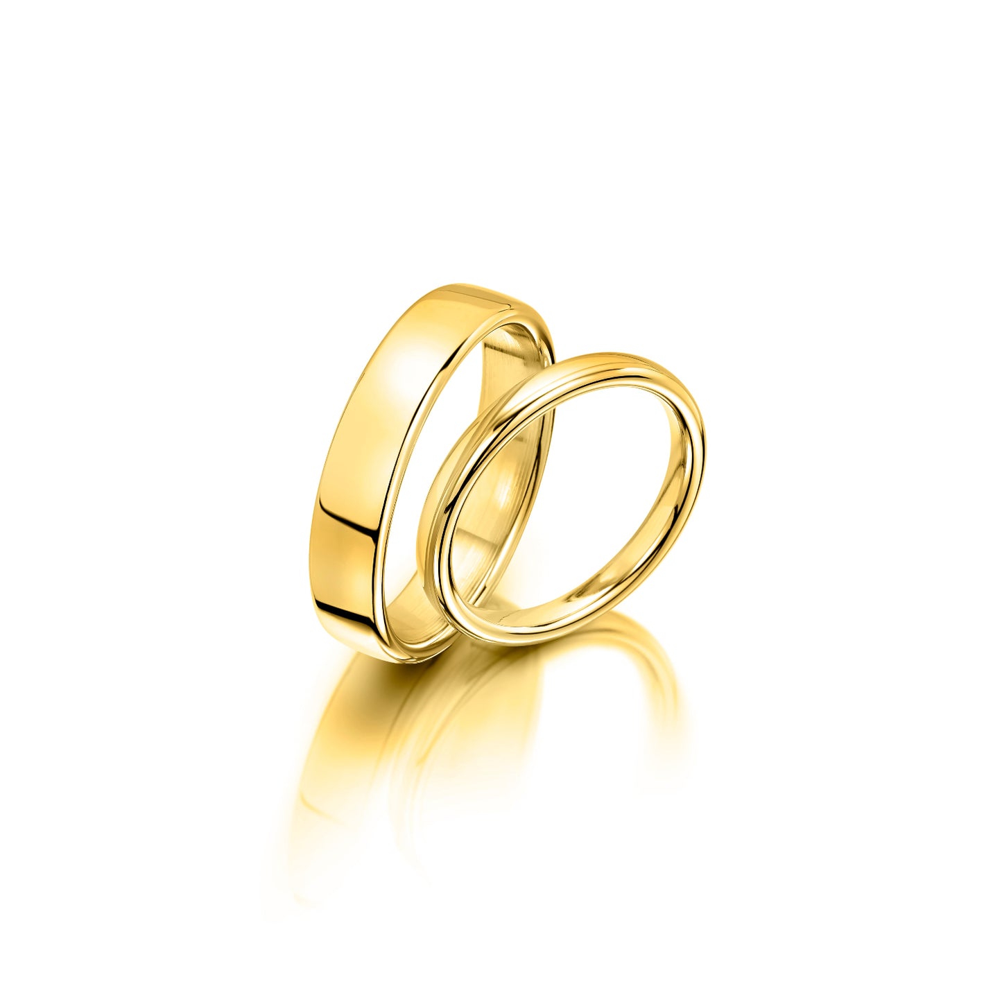Wide & Narrow Wedding Ring Pair in yellow gold