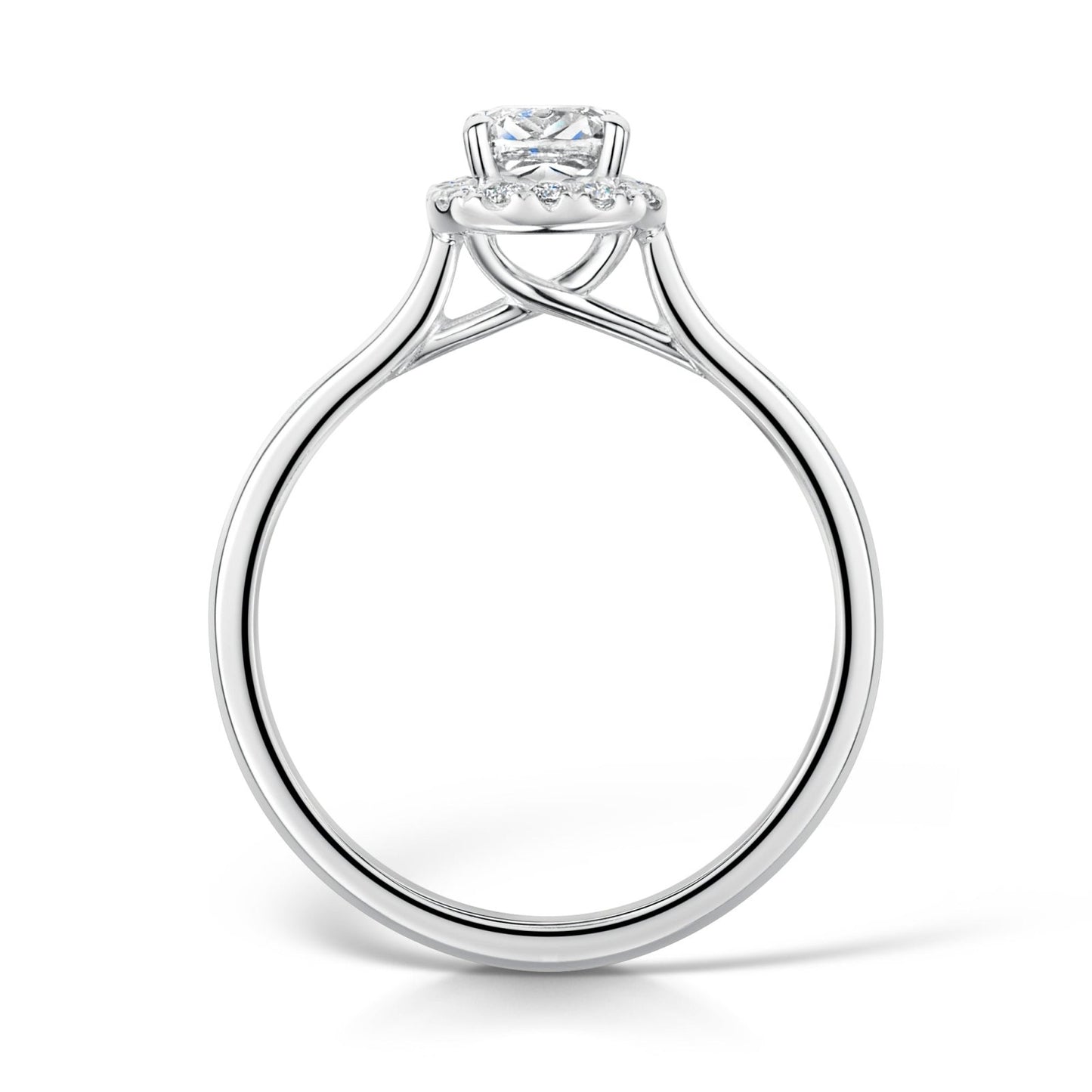 Round Diamond Halo Cluster Engagement Ring side view on White Background.