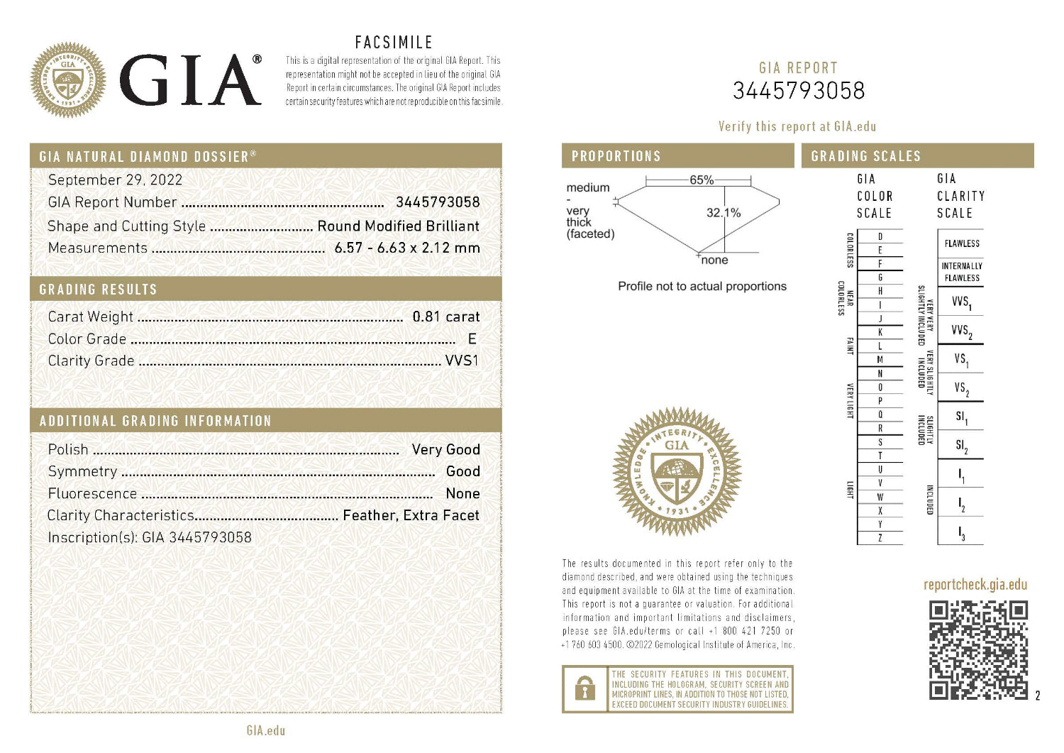 GIA diamond grading report with detailed information on a white background