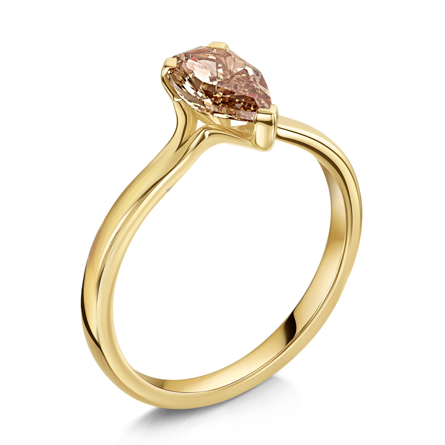 1.00ct Brown Pear Shaped Diamond Engagement Ring in Yellow Gold - angled view on a white background