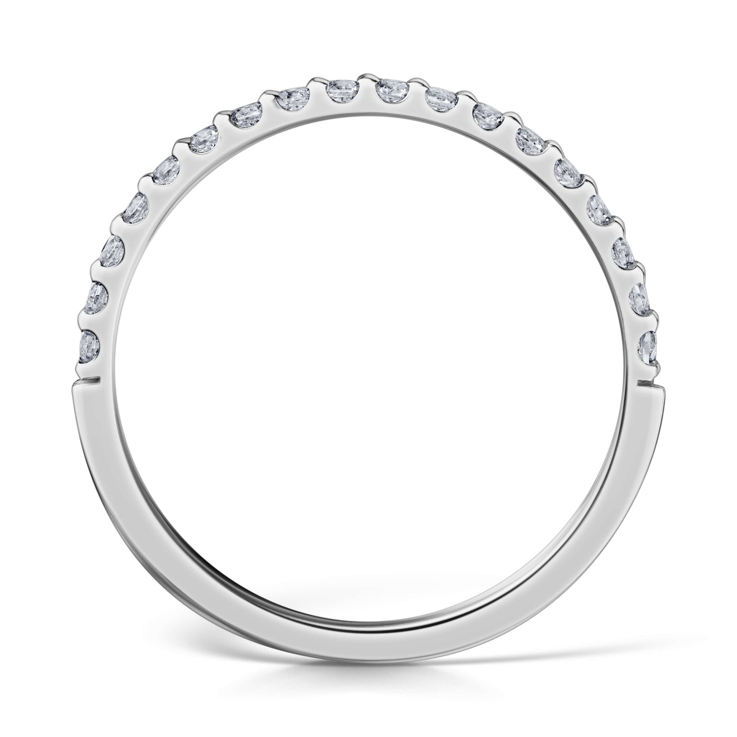 1.5mm Claw Set Diamond Half Eternity Ring - Side view on a white background