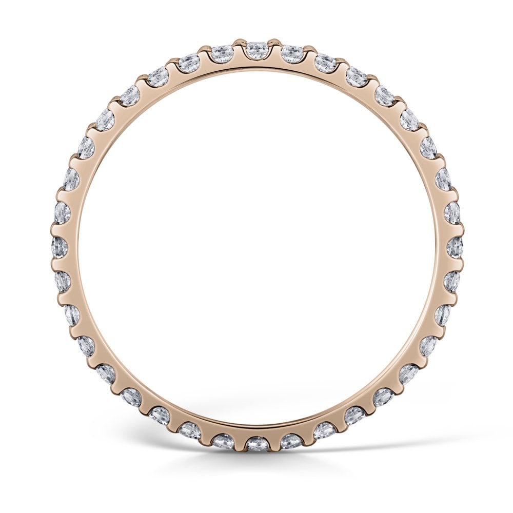 1.5mm Rose Gold Claw Set Diamond Eternity Ring - Side view on a white background