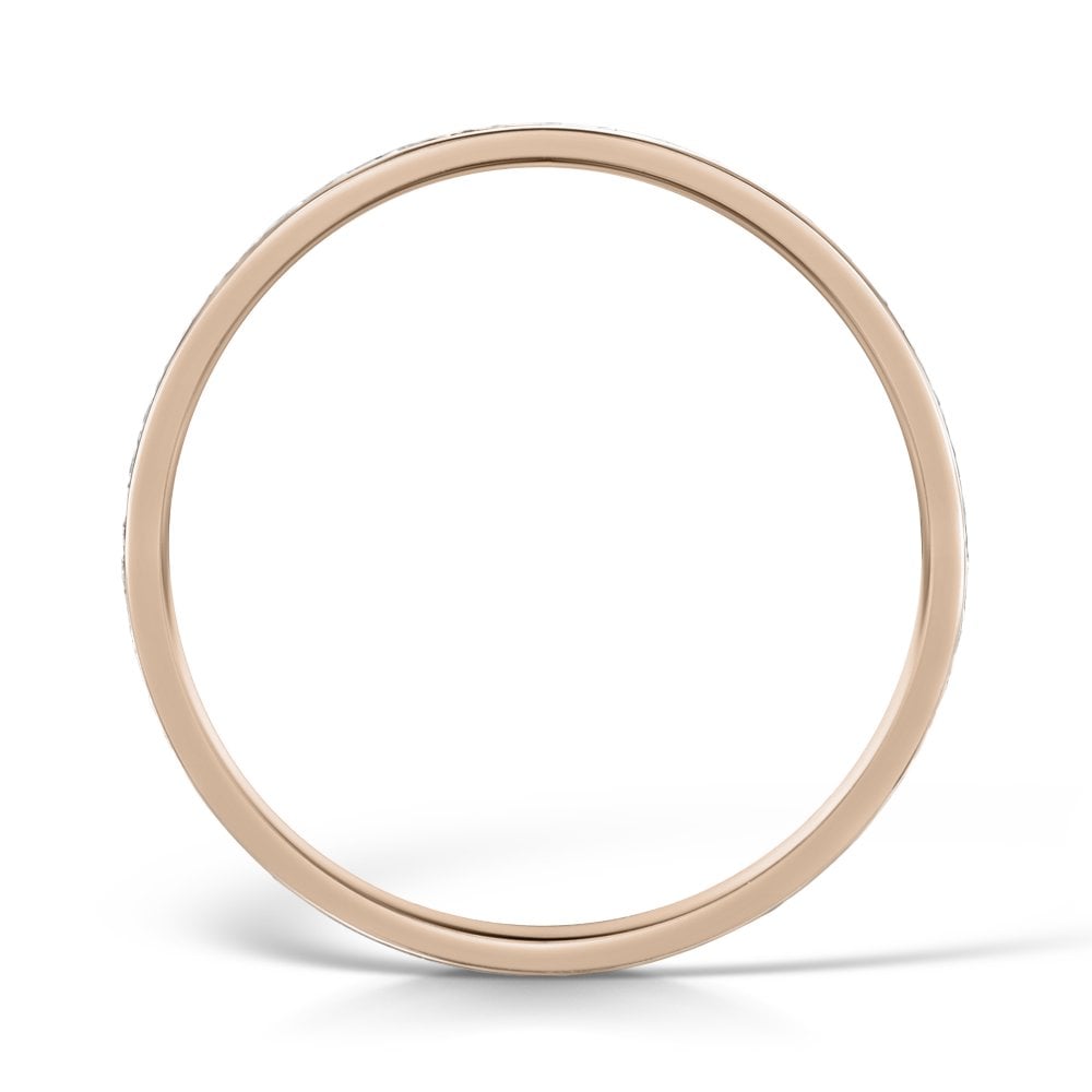1.5mm Rose Gold Grain Set Diamond Eternity Ring - side view on a white background 