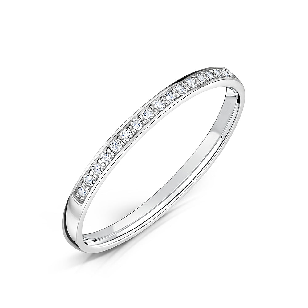 1.5mm White Gold Diamond Half Eternity Ring Grain Set on a white background