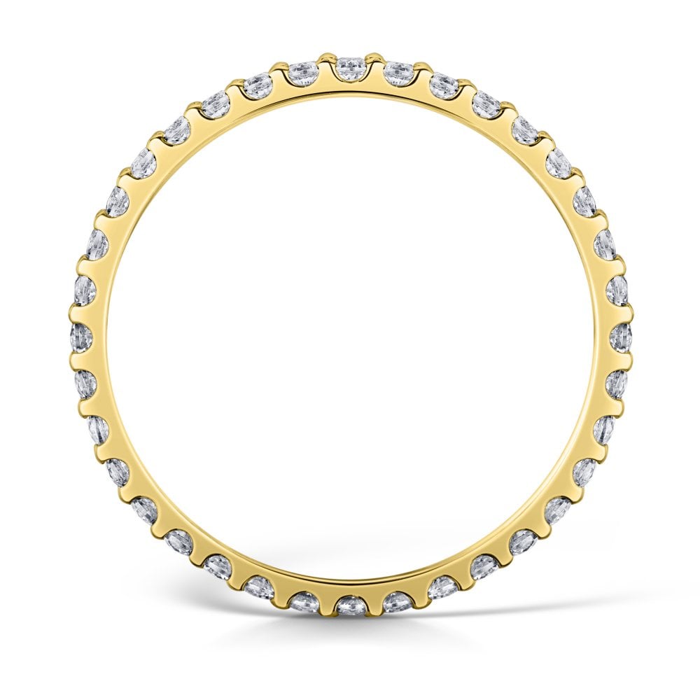 1.5mm Yellow Gold Claw Set Diamond Eternity Ring - Side view on a white background