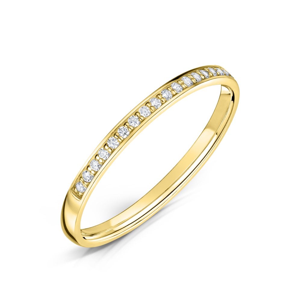 1.5mm Yellow Gold Grain Set Diamond Half Eternity Ring  on a white background 