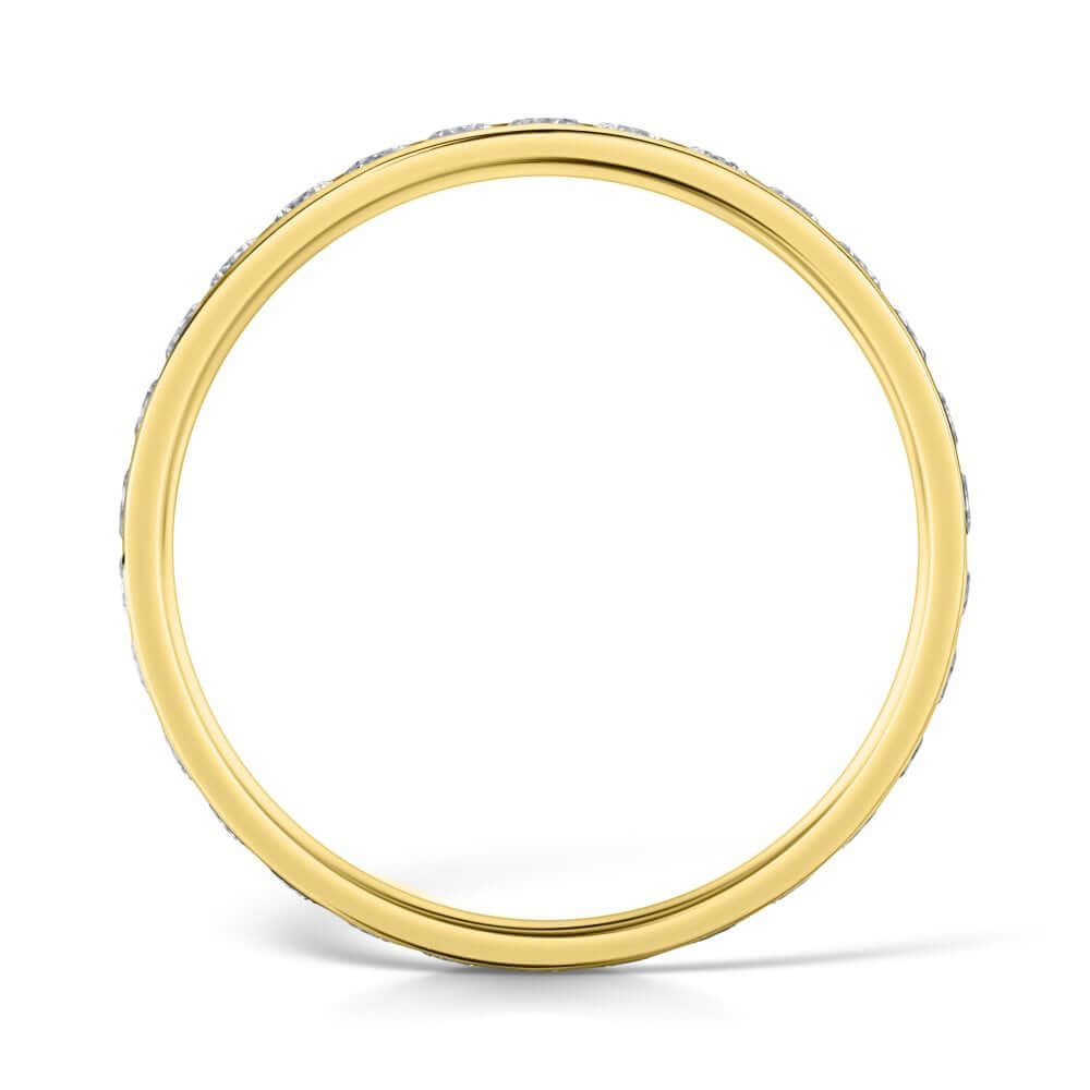 18ct Yellow Gold Channel Set Diamond Eternity Ring with 2.5mm Round Diamonds side view on a white background.