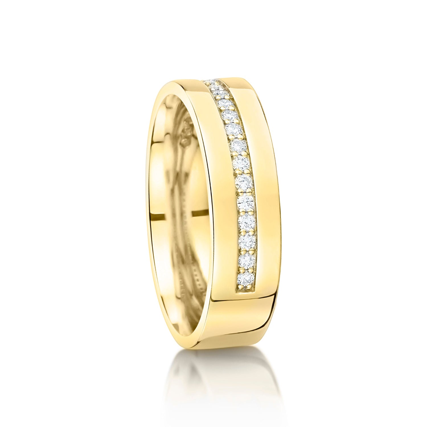 Wide 18ct Yellow Gold wedding ring with diamonds on a white background