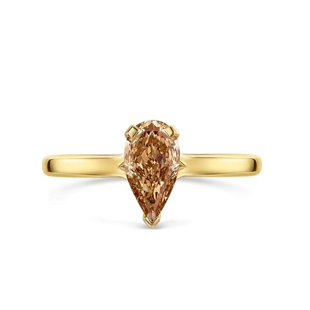 1.00ct Brown Pear Shaped Diamond Engagement Ring in Yellow Gold on a white background