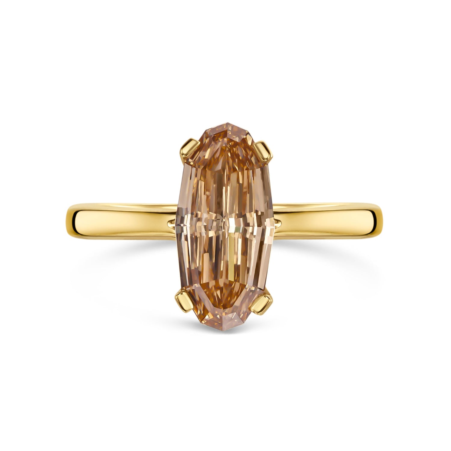 Gold ring with a large brown diamond on a white background