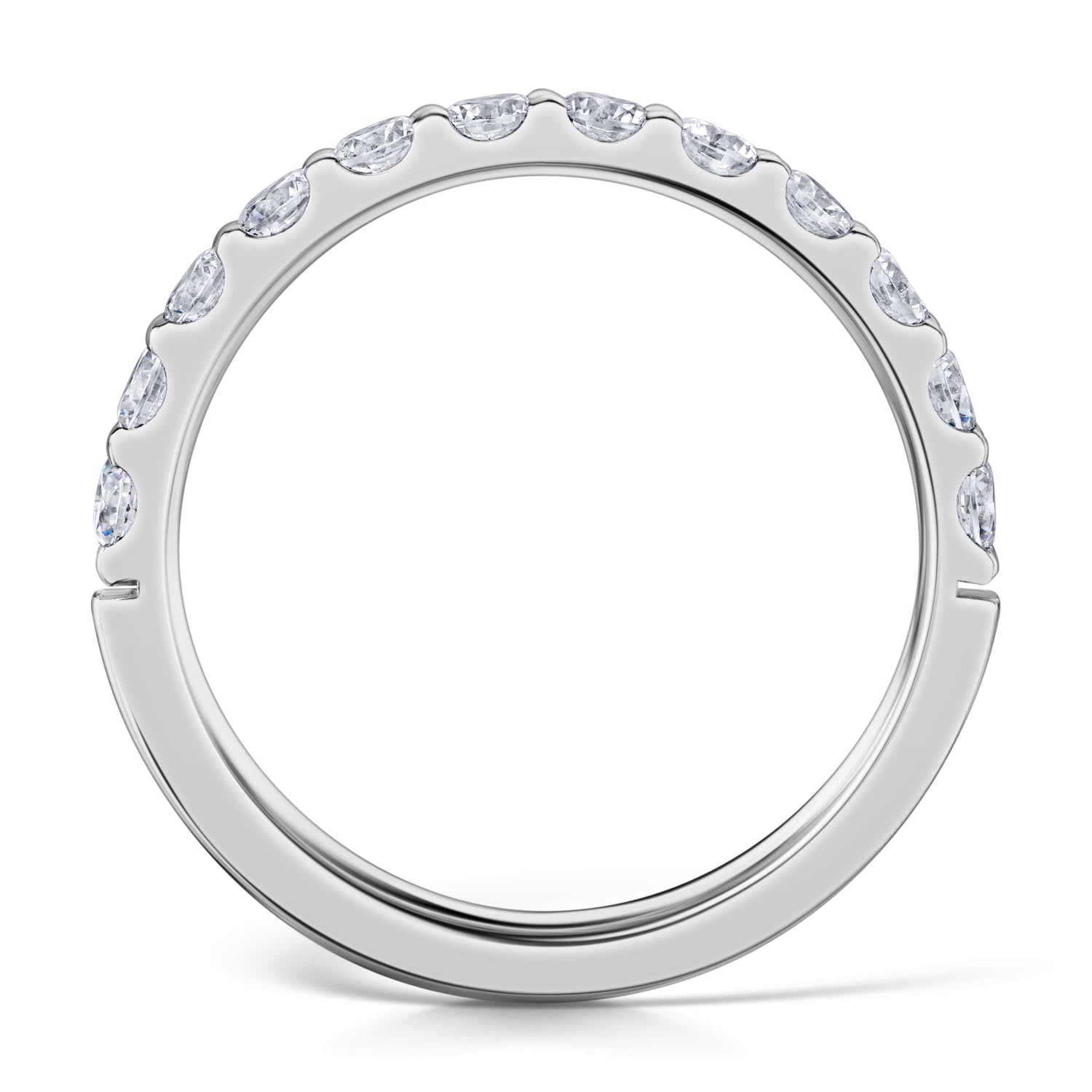 2.5mm Claw Set Platinum Diamond Half Eternity Ring - side view on a white background