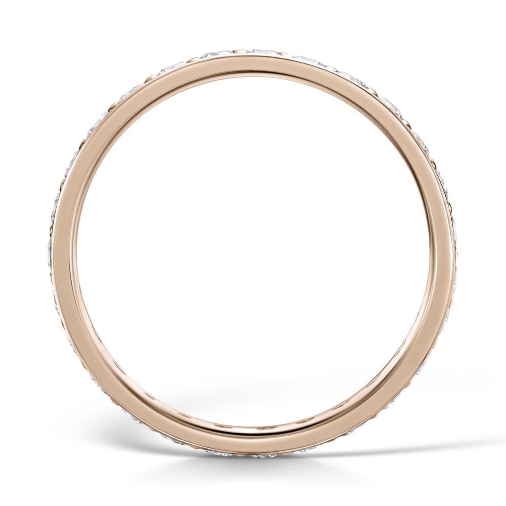 2.5mm Rose Gold Grain Set Diamond Eternity Ring - side view on a white background