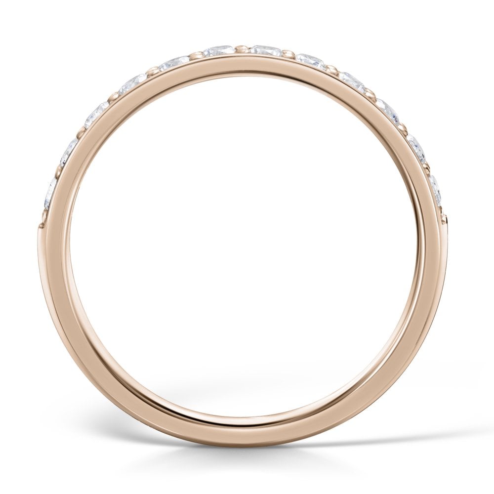 2.5mm Rose Gold Grain Set Diamond Half Eternity Ring - Side view on a white background