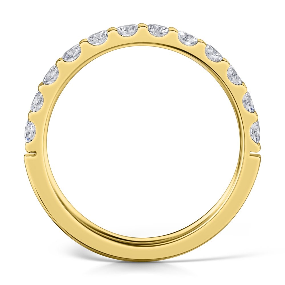 2.5mm claw set yellow gold diamond half eternity ring- side view on a white background