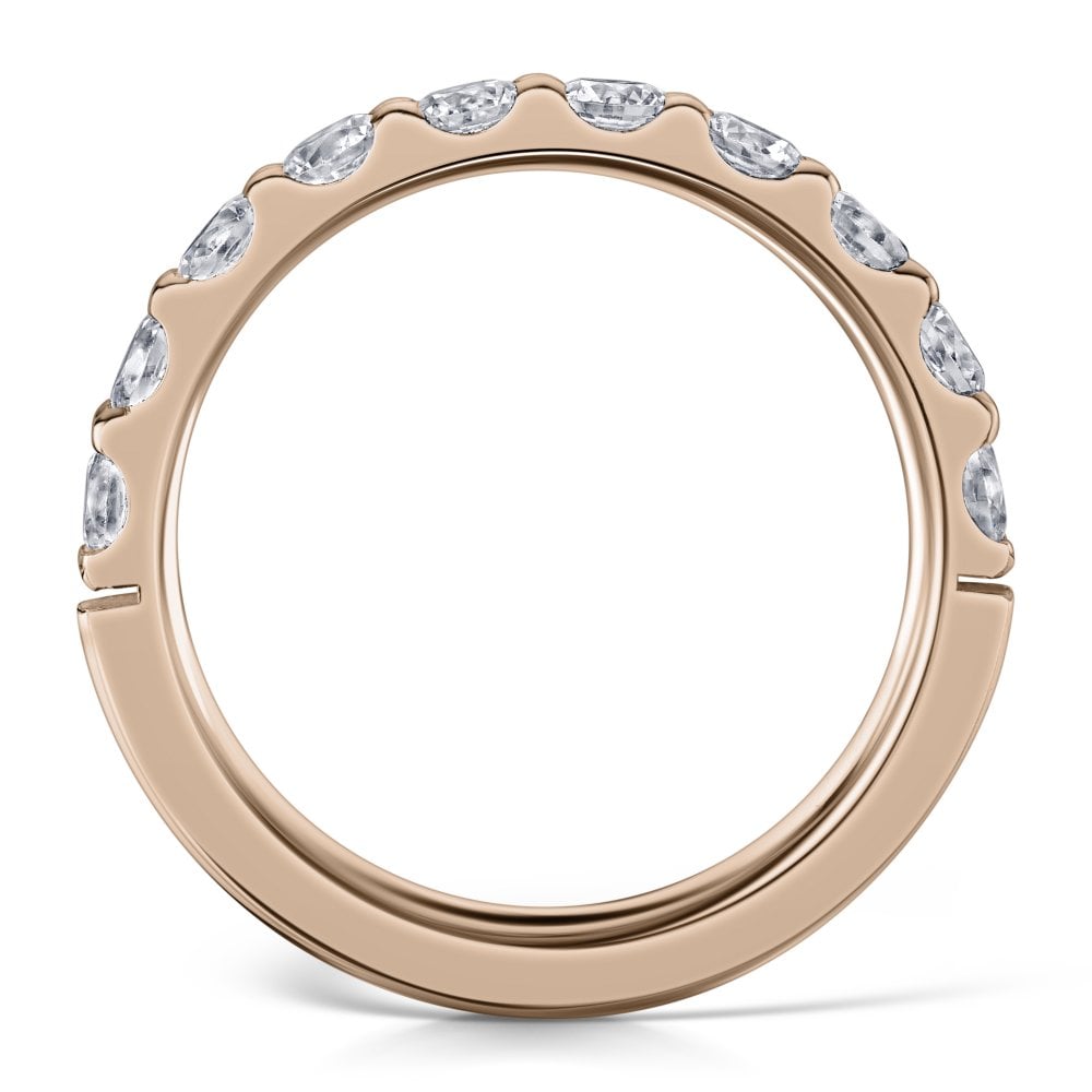 3.0mm Claw Set Diamond Half Eternity Ring in Rose Gold - side view on a white background 