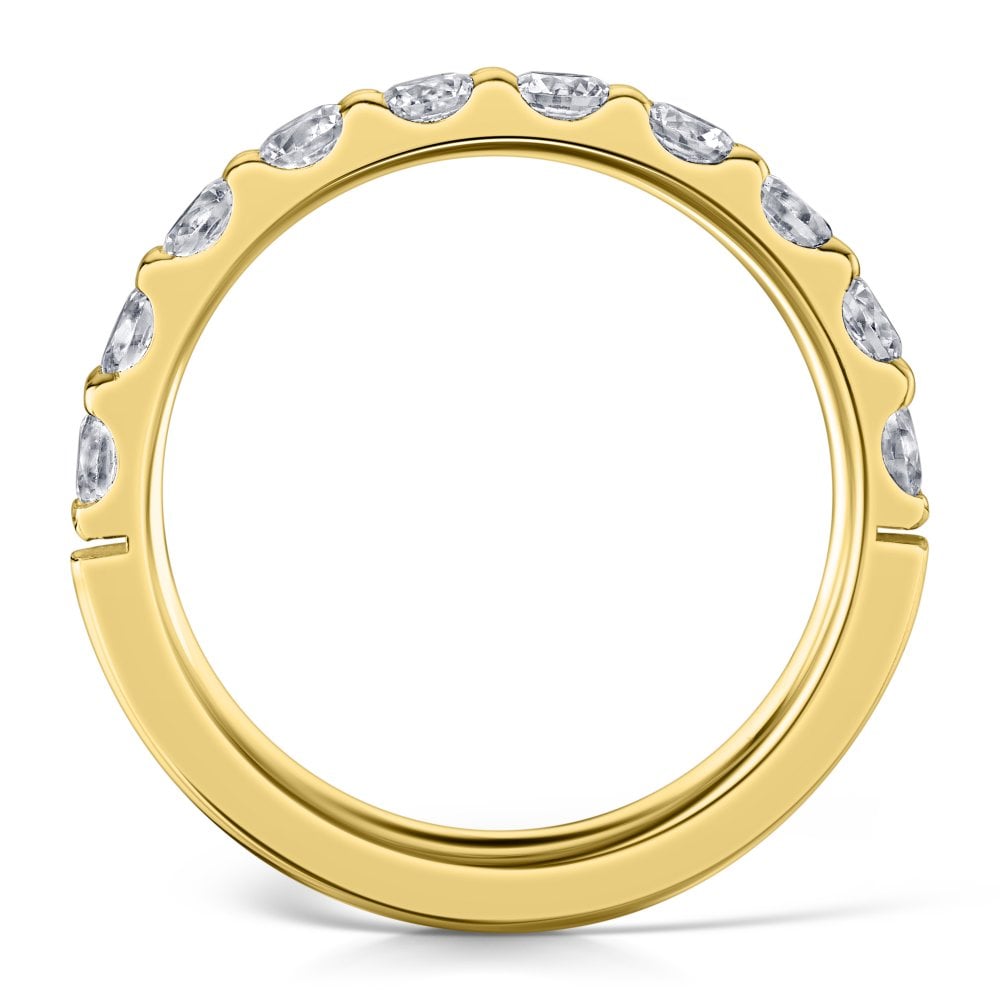 3mm claw set diamond half eternity ring in yellow gold - Side view on a white background 