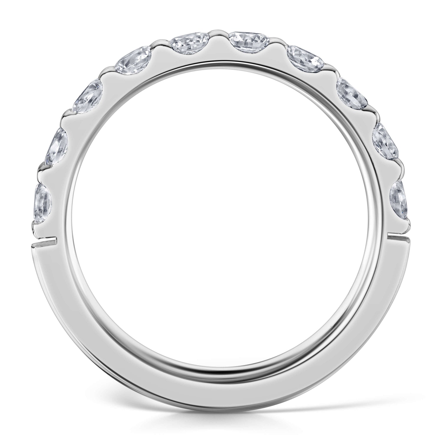 3mm round claw set diamond Half eternity ring - side view on a white background