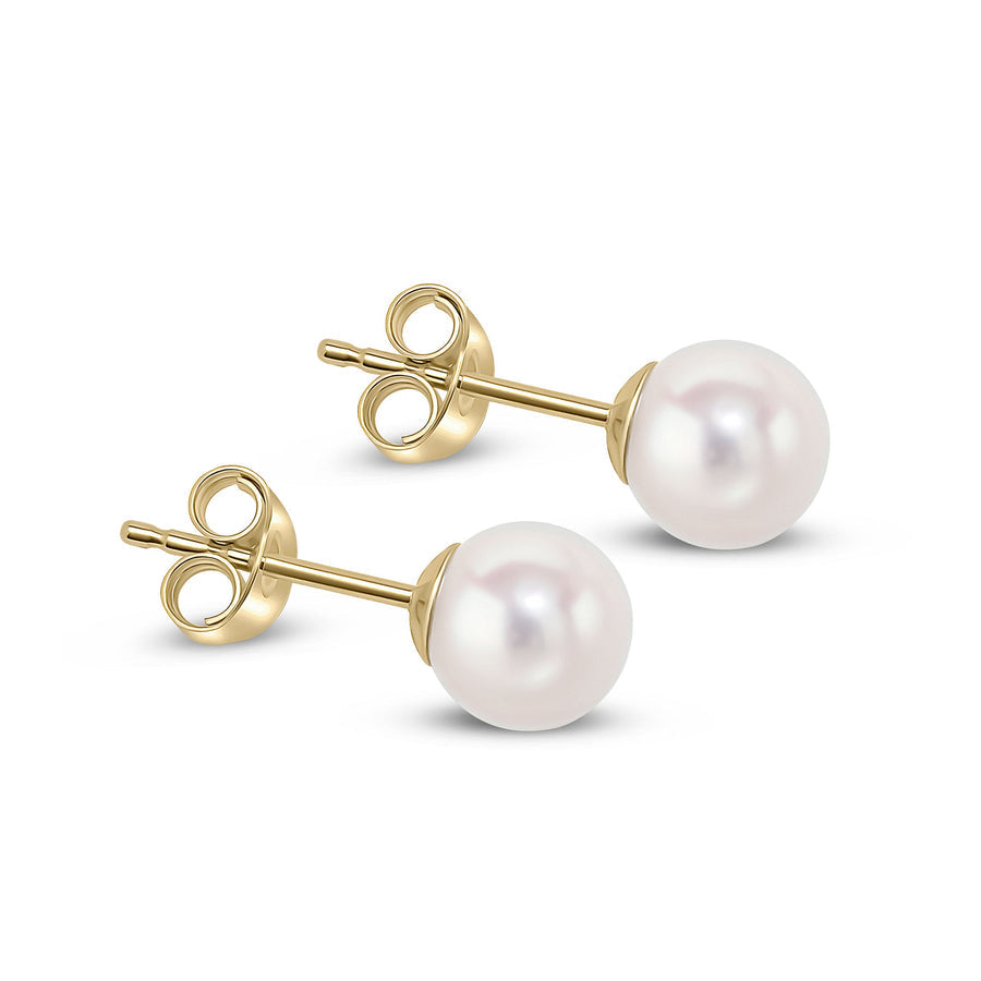 6mm round white pearl stud earrings with gold posts on a white background