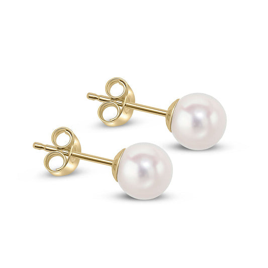 6mm round white pearl stud earrings with gold posts on a white background