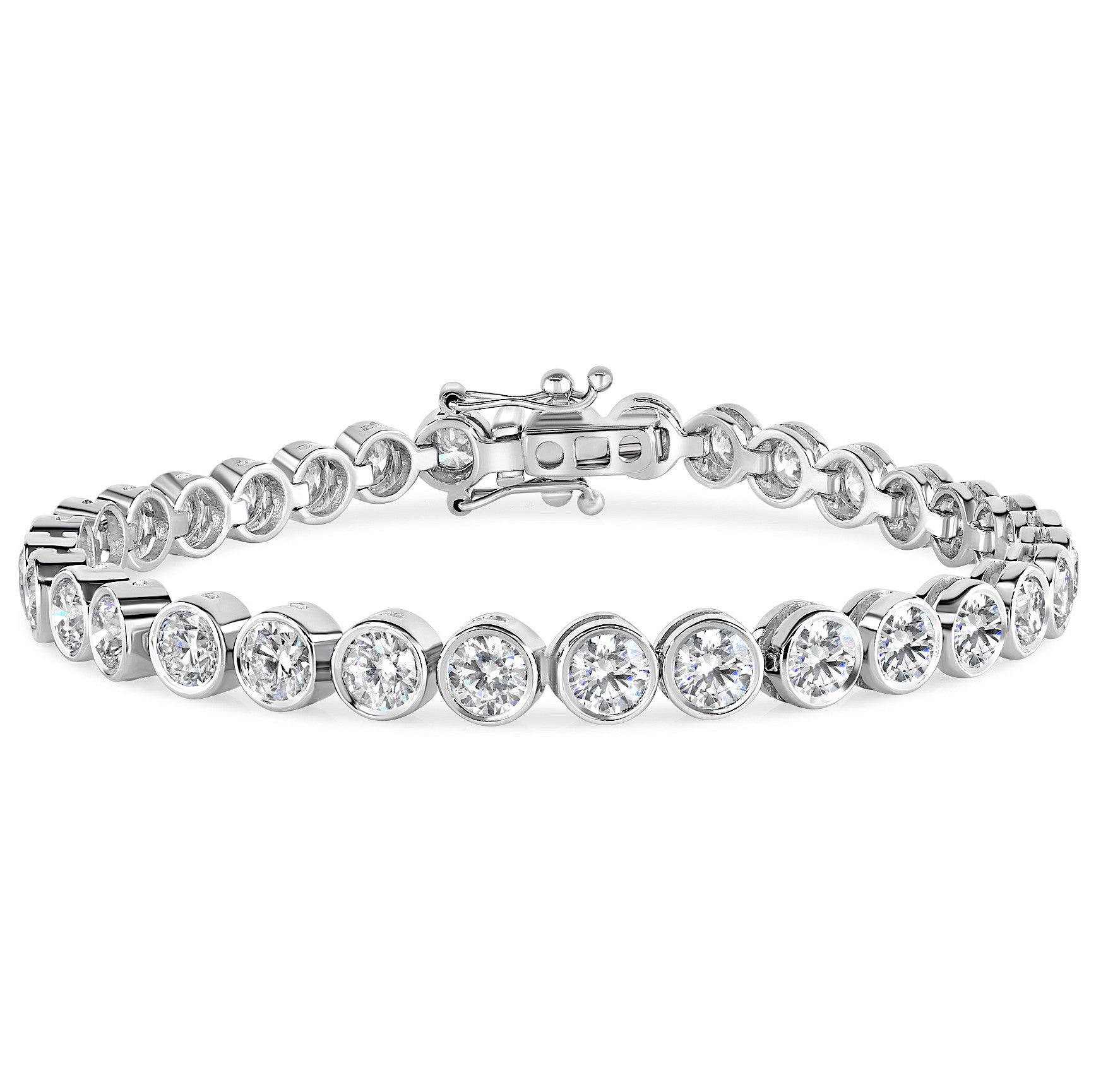 Bezel Set Diamond Tennis Bracelet in white gold, on a white background