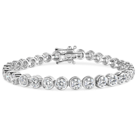 Bezel Set Diamond Tennis Bracelet in white gold, on a white background