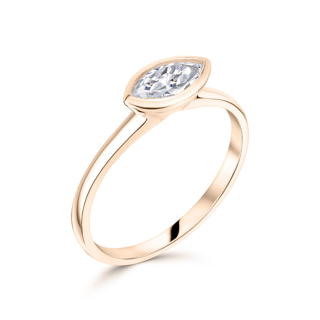 Bezel Set Marquise East West Solitaire Engagement Ring in Rose Gold on White Background 
