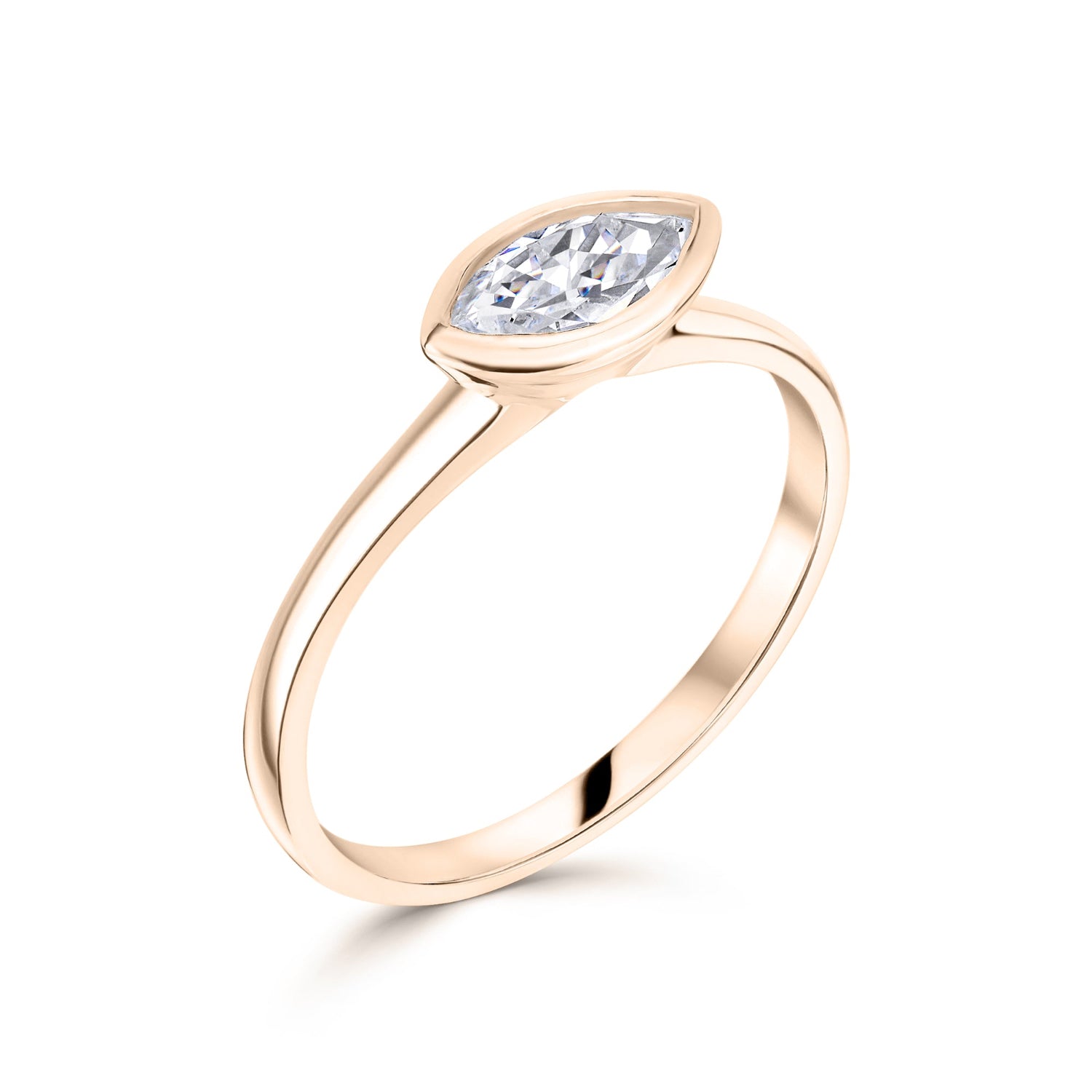 Bezel Set Marquise East West Solitaire Engagement Ring in Rose Gold on White Background 