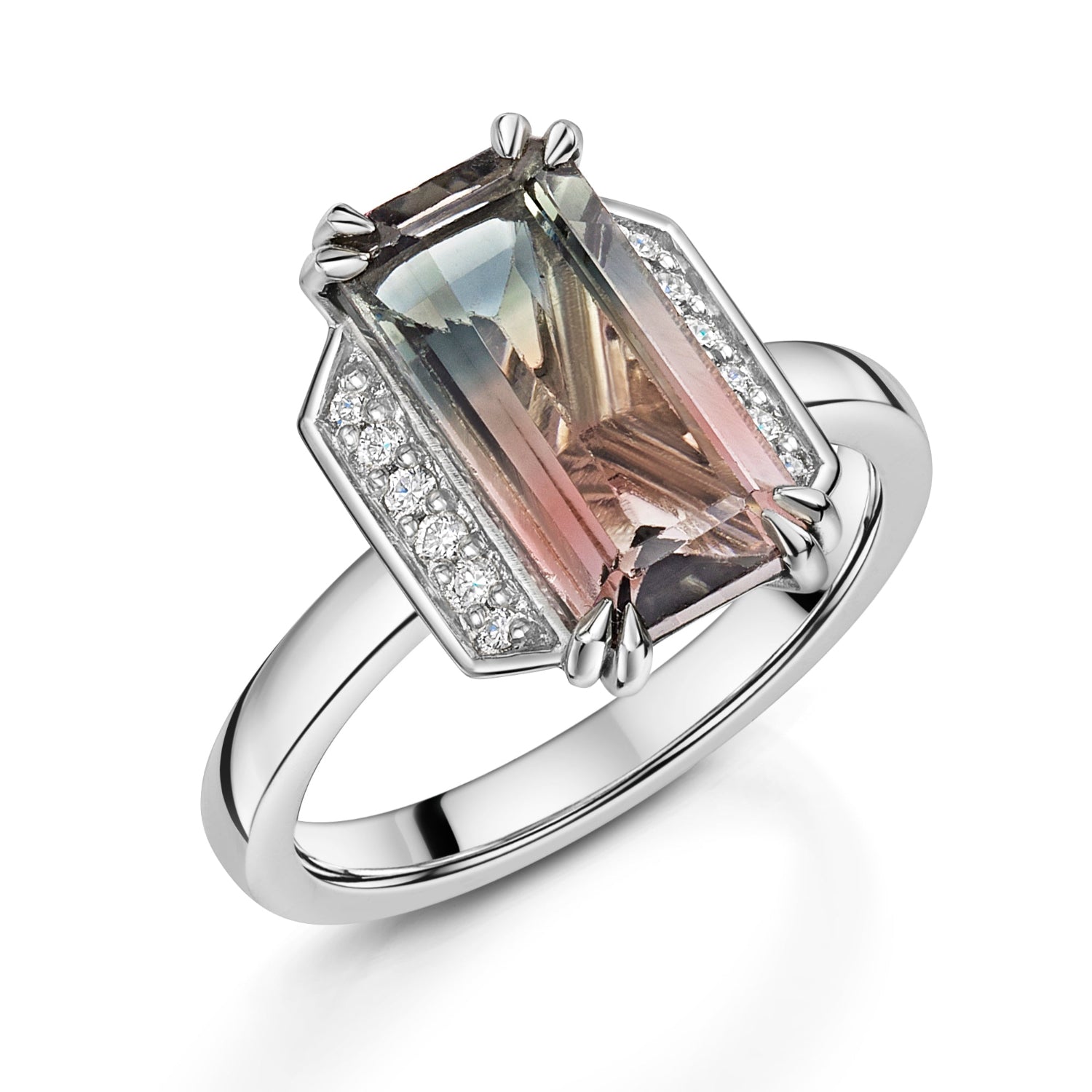 Bi-colour tourmaline ring with diamonds on each side, set in platinum