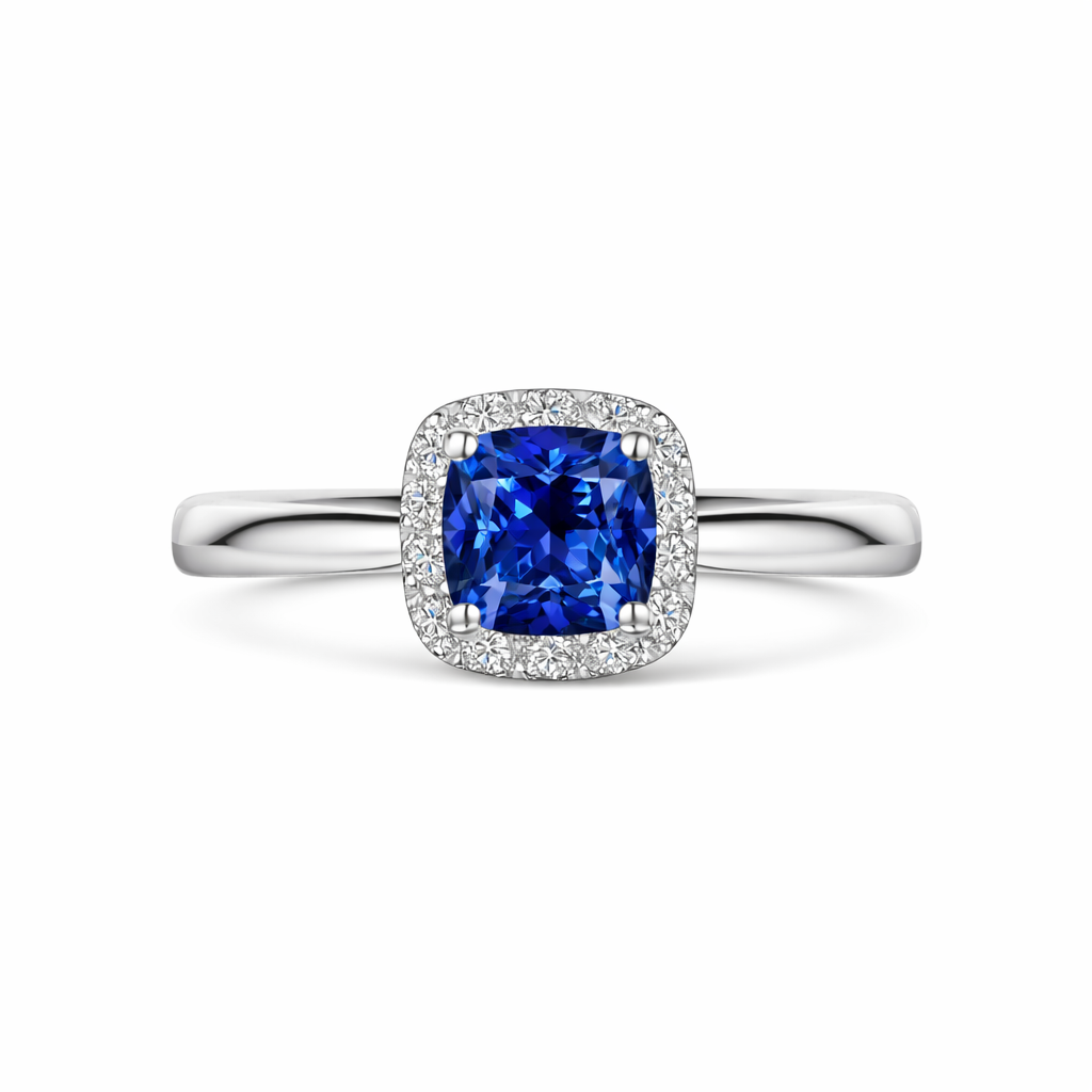 Blue Sapphire Cushion Cut Diamond  Halo Engagement Ring in Platinum on a white background 