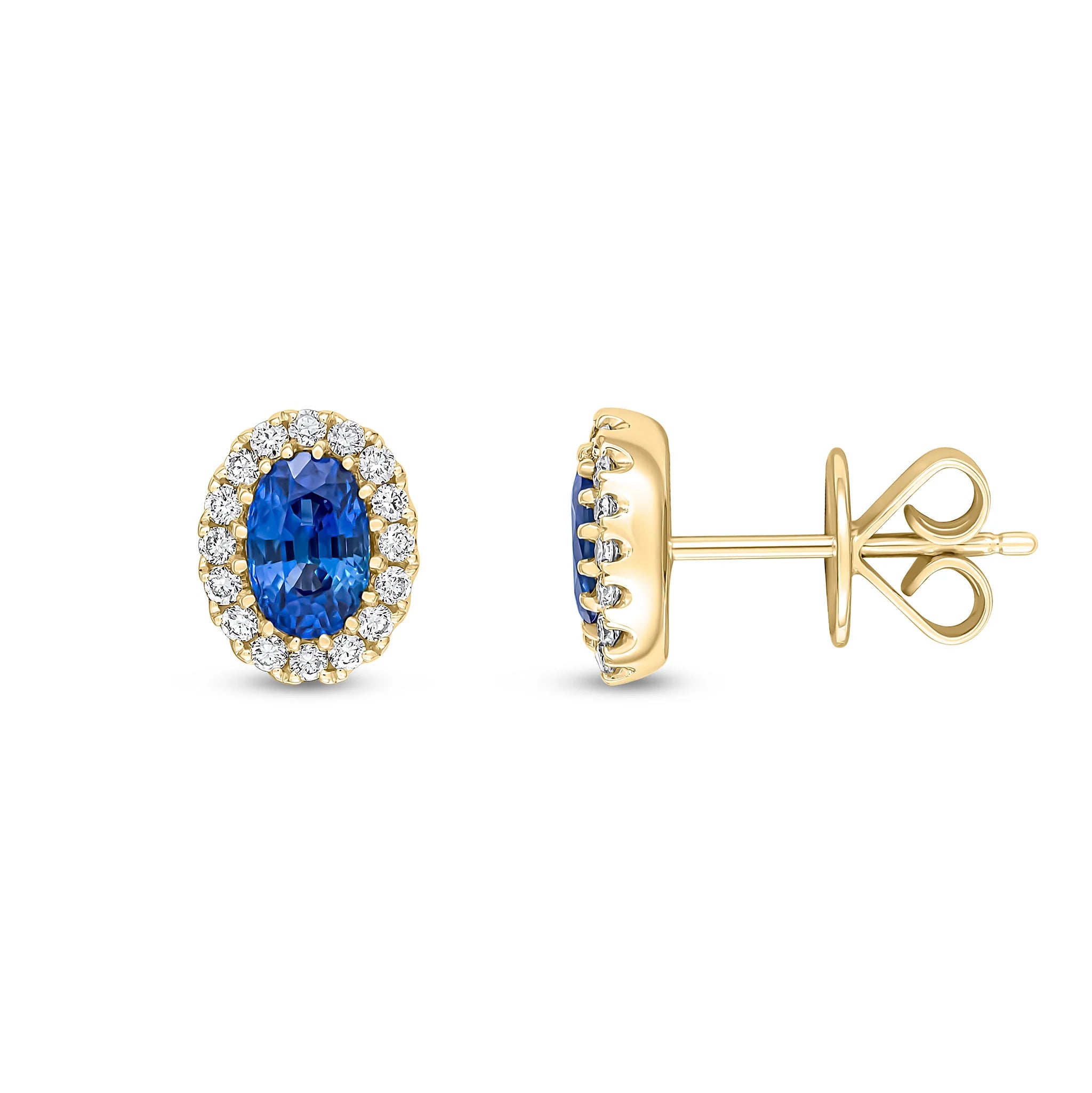 Blue Sapphire & Diamond Cluster Earrings in Yellow Gold - side view on a white background