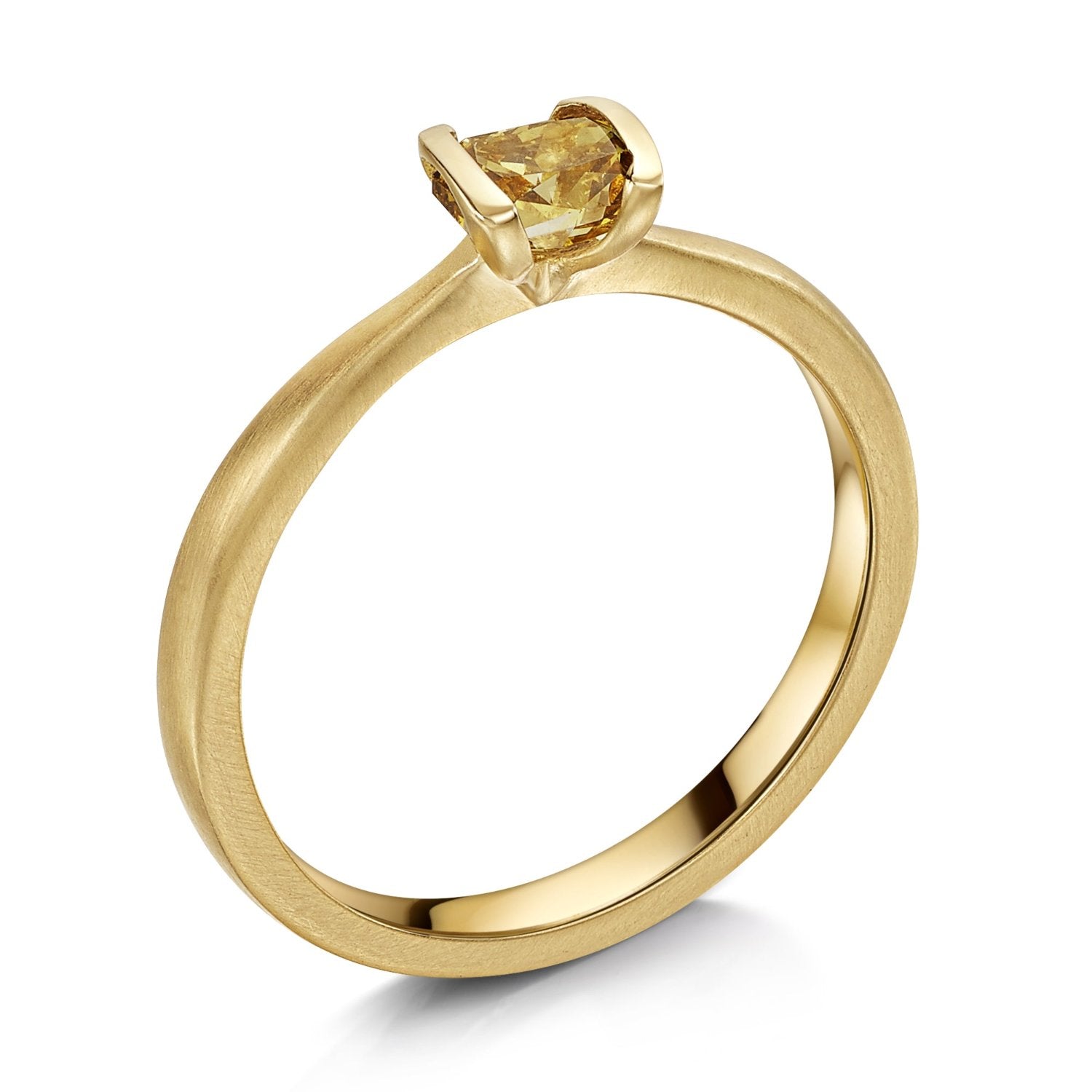 Natural fancy greenish brown diamond solitaire ring in 18ct yellow gold - side view