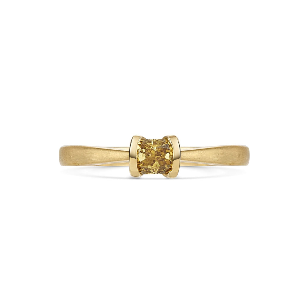 Natural fancy greenish brown diamond solitaire ring in 18ct yellow gold.