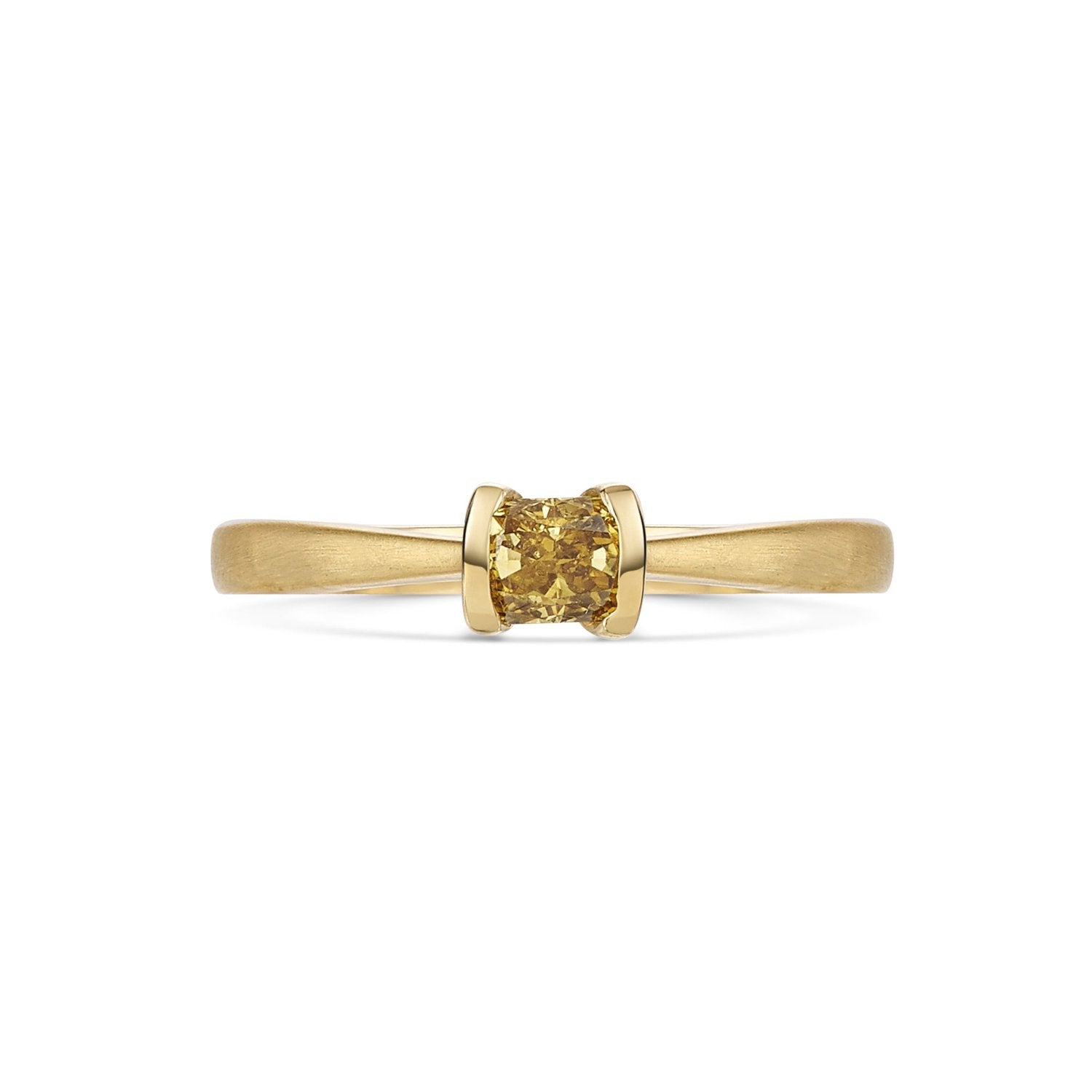 Natural fancy greenish brown diamond solitaire ring in 18ct yellow gold.