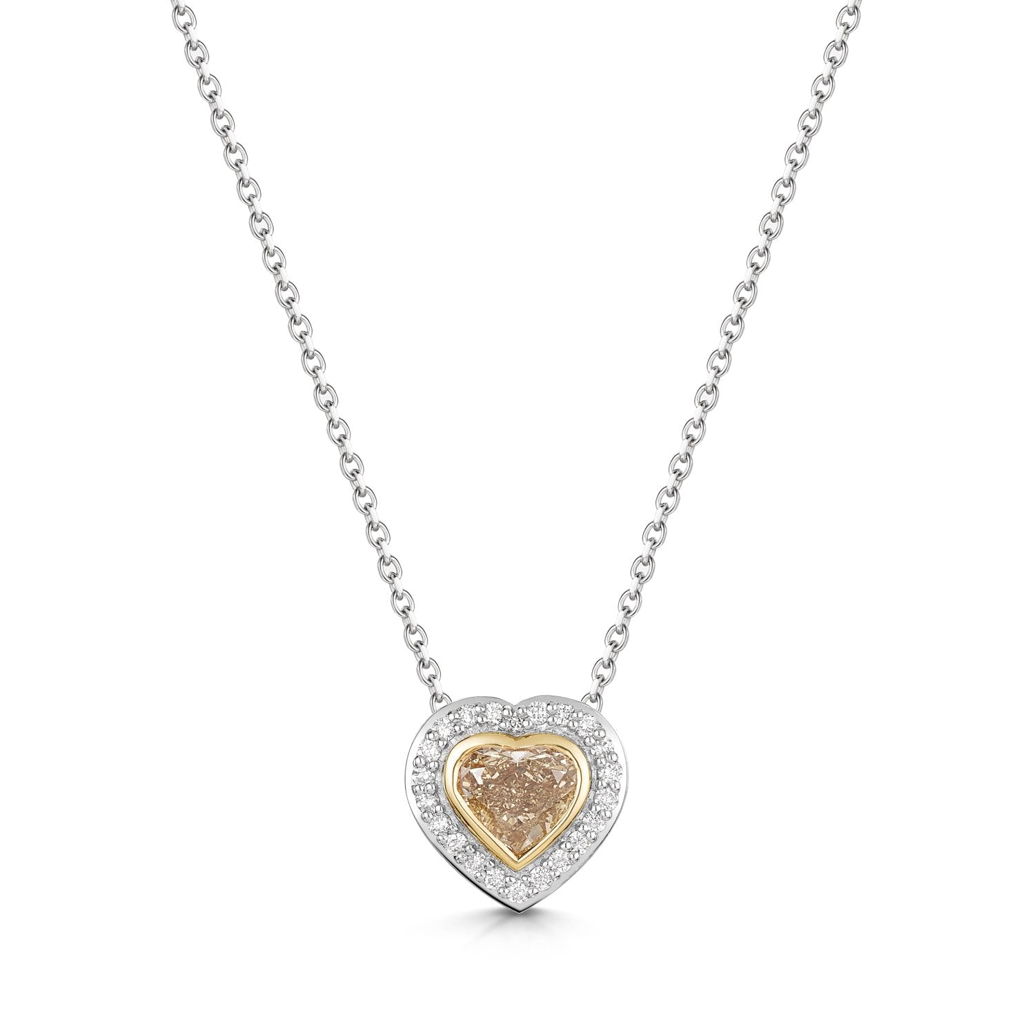 Brown Heart Shaped Diamond Halo Necklace on platinum chain.