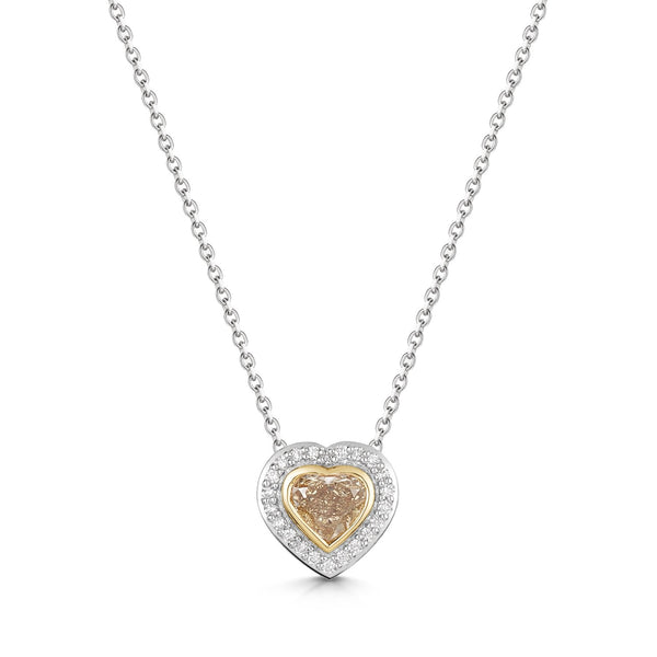 Brown Heart Shaped Diamond Halo Necklace on platinum chain.
