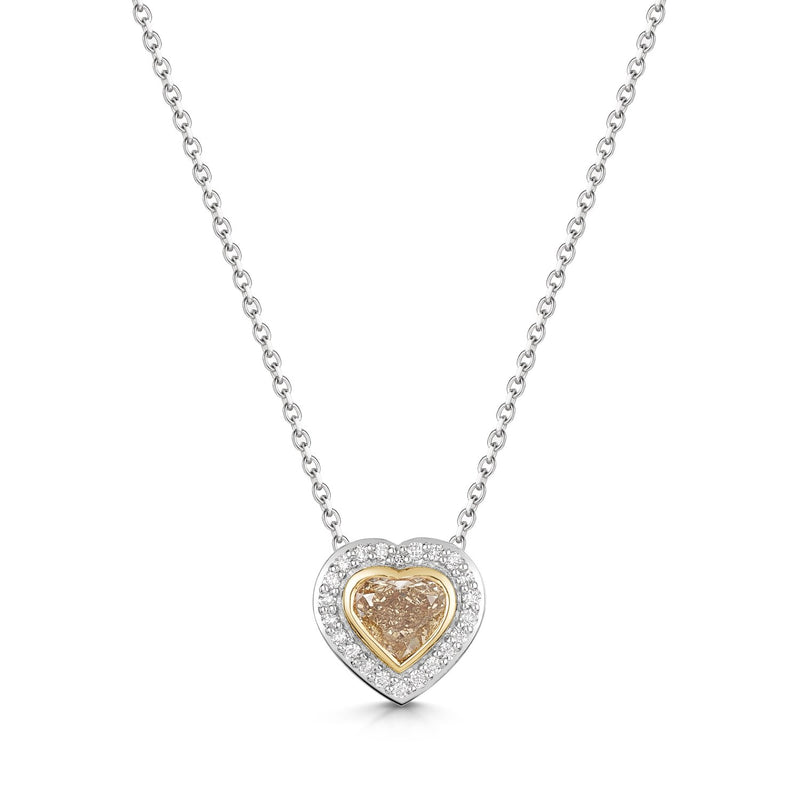 Brown Heart Shaped Diamond Halo Necklace on platinum chain.