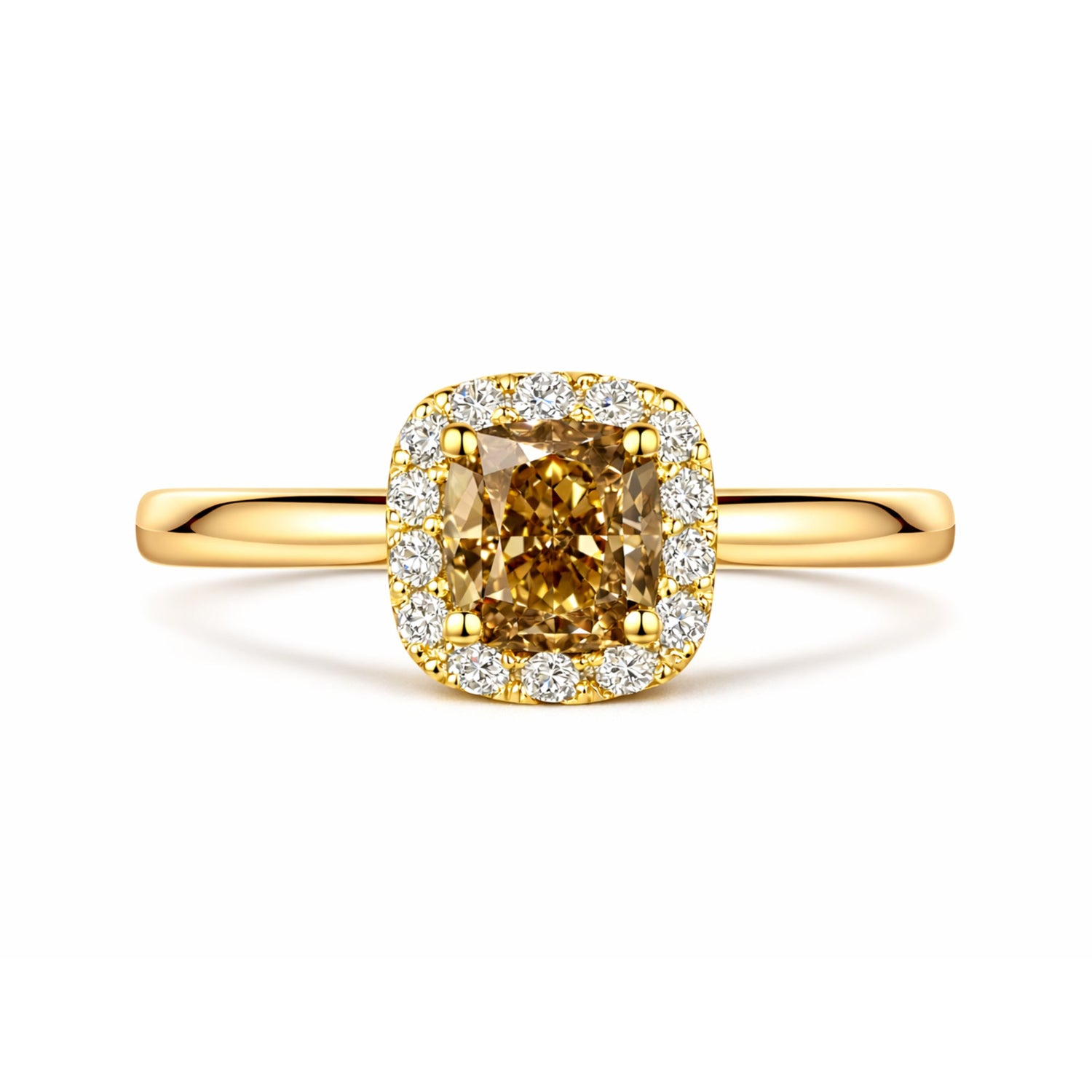 Brown Diamond Halo Engagement Ring in Yellow Gold on a white background 