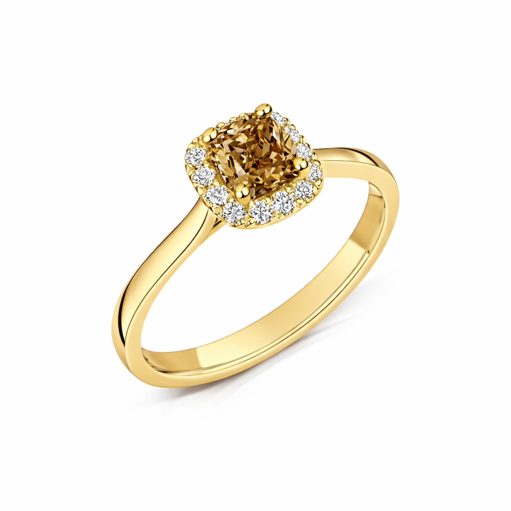 Gold ring with a large diamond and smaller diamonds on a white background