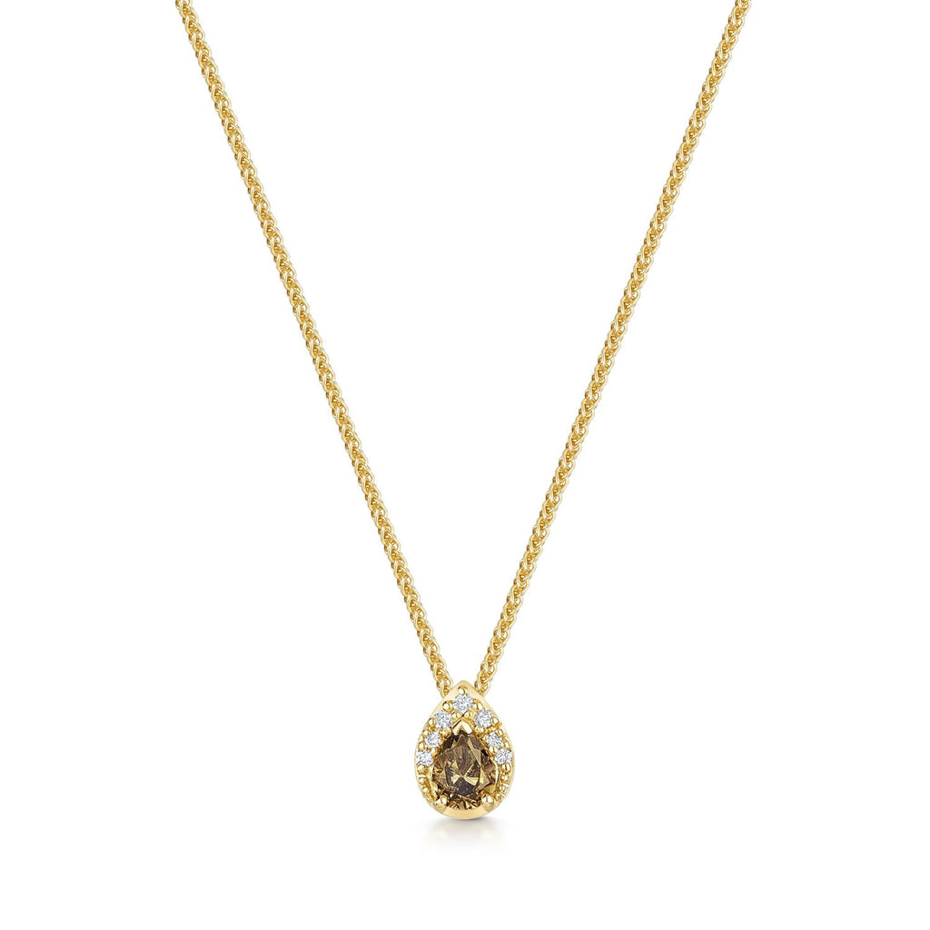Brown Pear shaped diamond and white diamond pendant in yellow gold on a chain.