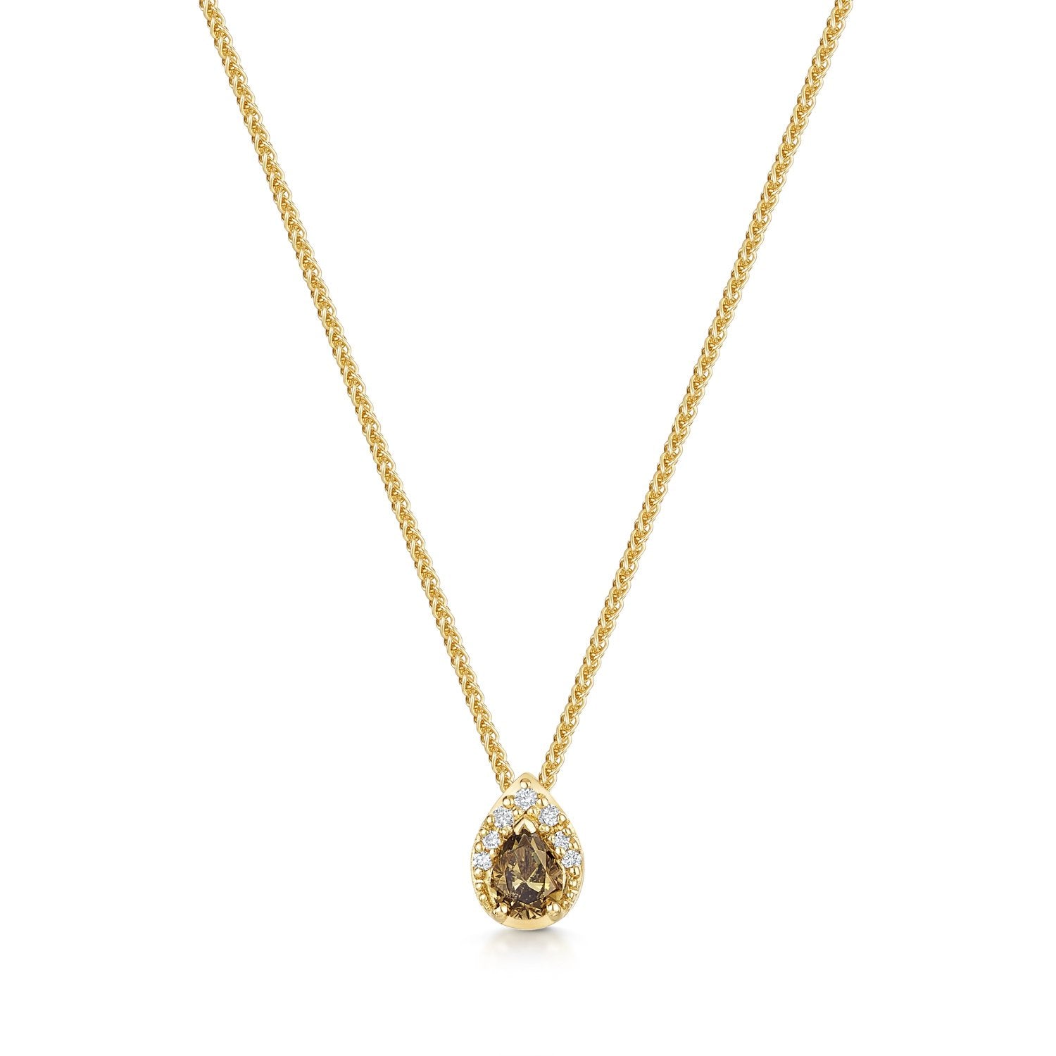 Brown Pear shaped diamond and white diamond pendant in yellow gold on a chain.
