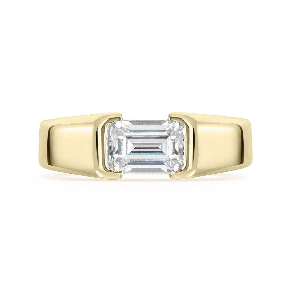 Chunky Gold Emerald Cut Diamond East West Engagement Ring on white background