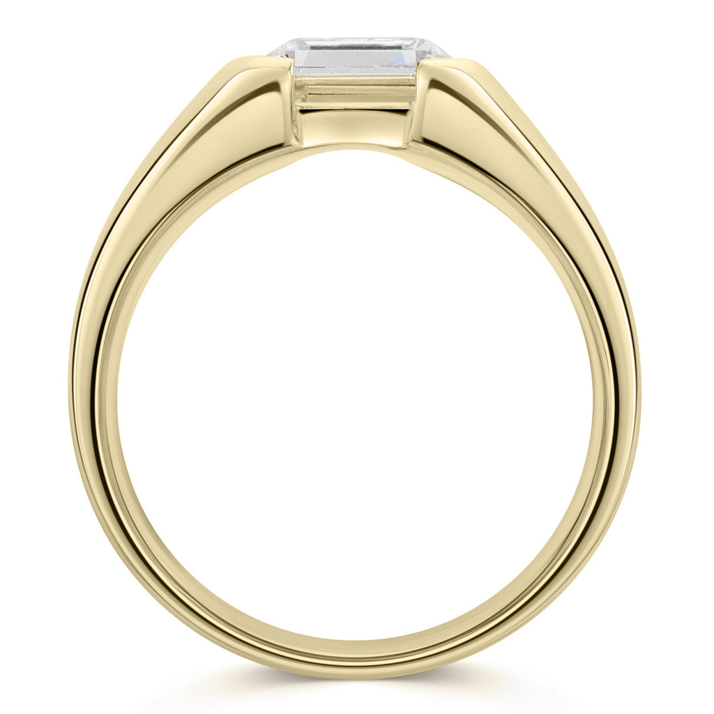Chunky Gold Emerald Cut Diamond East West Engagement Ring - side view on a white background
